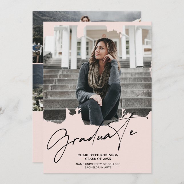 Invitation Cool blush rose script de diplôme de deuxième cycl (Devant / Derrière)