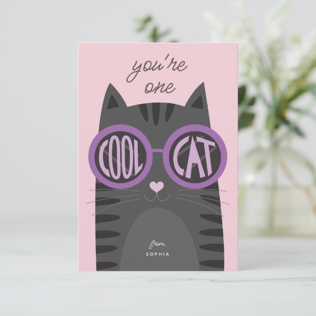 Invitation Cool Cat Grey Saint Valentin Card_Purple (Debout devant)