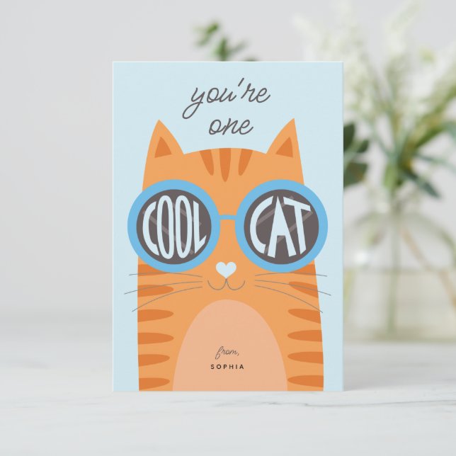 Invitation Cool Chat Orange Saint Valentin Card_blue (Debout devant)