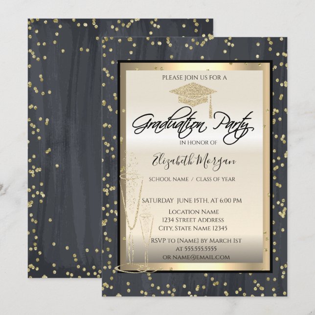 Invitation Cool Chic Graduation Cap, Diamants de verre Gradua (Devant / Derrière)