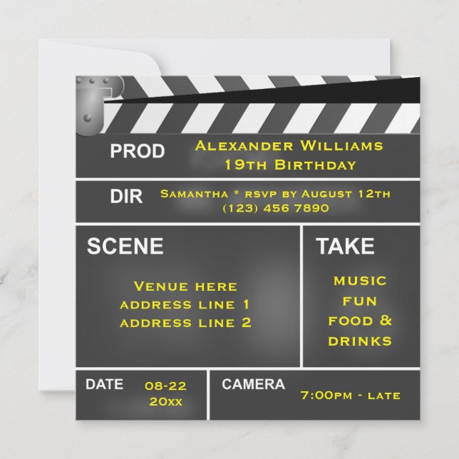 Invitation Cool Clapper Board 19e anniversaire (Devant)