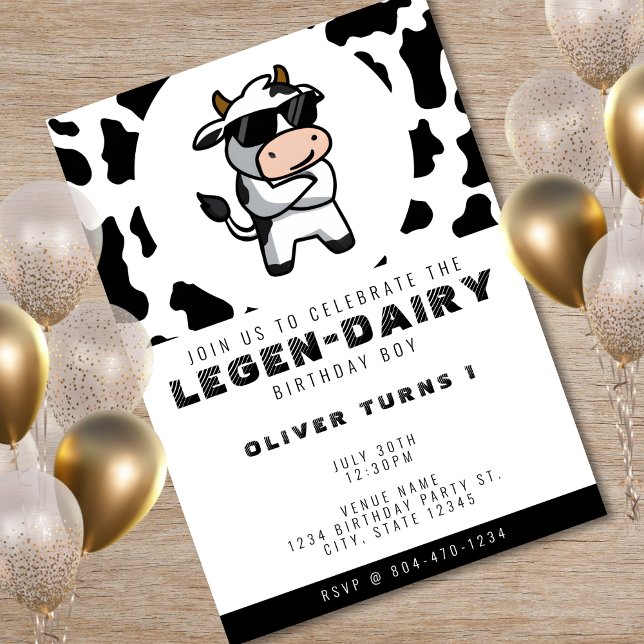 Invitation Cool Cow Imprimer Photo 1er anniversaire (Cool Cow Print Photo 1st Birthday Invitation)