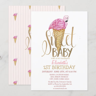 Invitation Cool Crème de glace Flamant rose rose rayé Anniver