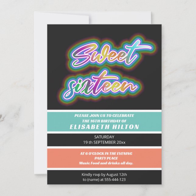 Invitation Cool fun néon typographie rayures doux 16 (Devant)