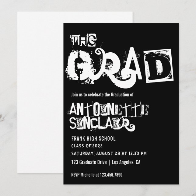 Invitation Cool Grunge Typographie Graduation Party Invitatio (Devant / Derrière)