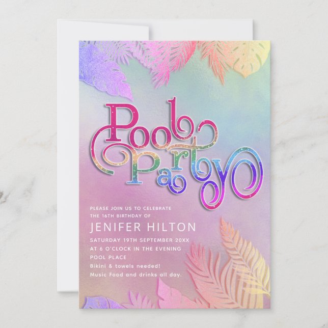 Invitation Cool holographique tropical feuille script pool (Devant)