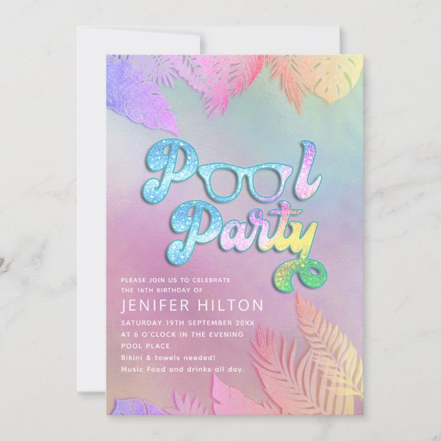 Invitation Cool holographique tropical feuille script pool (Devant)