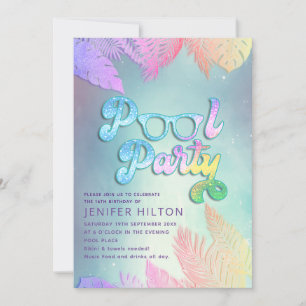 Invitation Cool holographique tropical feuille script pool