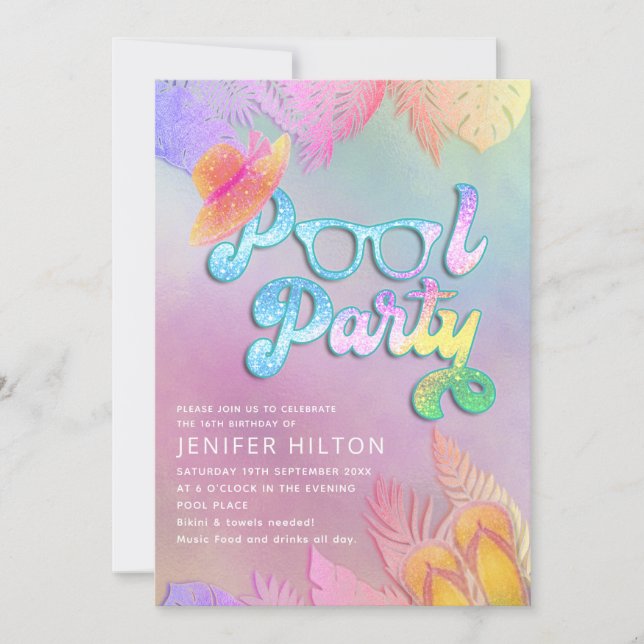 Invitation Cool holographique tropical feuille script pool (Devant)