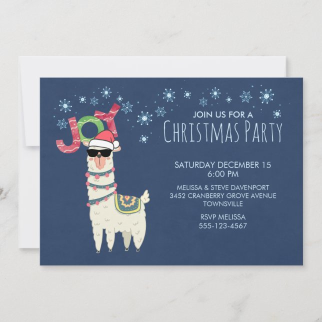 Invitation Cool Llama à Santa Hat avec la fête des Snowflakes (Devant)