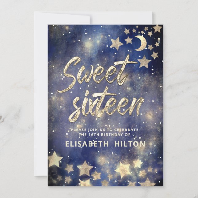 Invitation Cool Lune céleste et étoiles sweet sixteen (Devant)