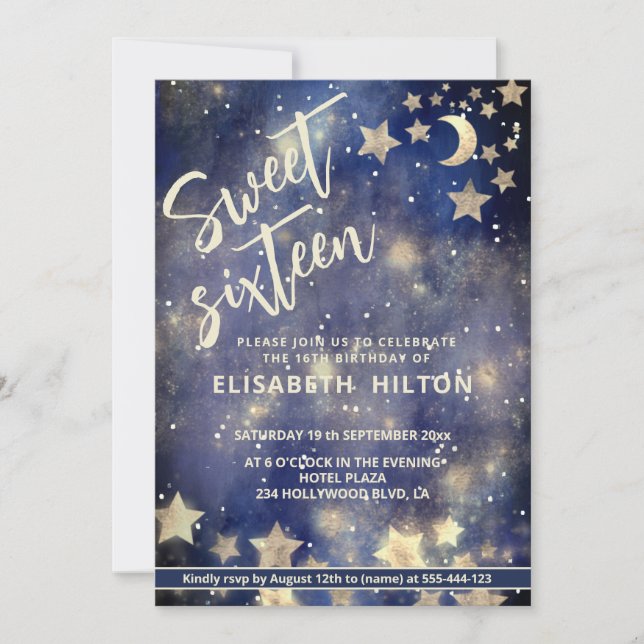 Invitation Cool Lune céleste et étoiles sweet sixteen (Devant)