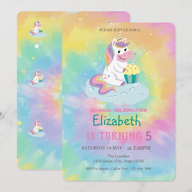 Invitation Cool Magie Unicorn Rainbow Tie Dye Anniversaire (Devant / Derrière)
