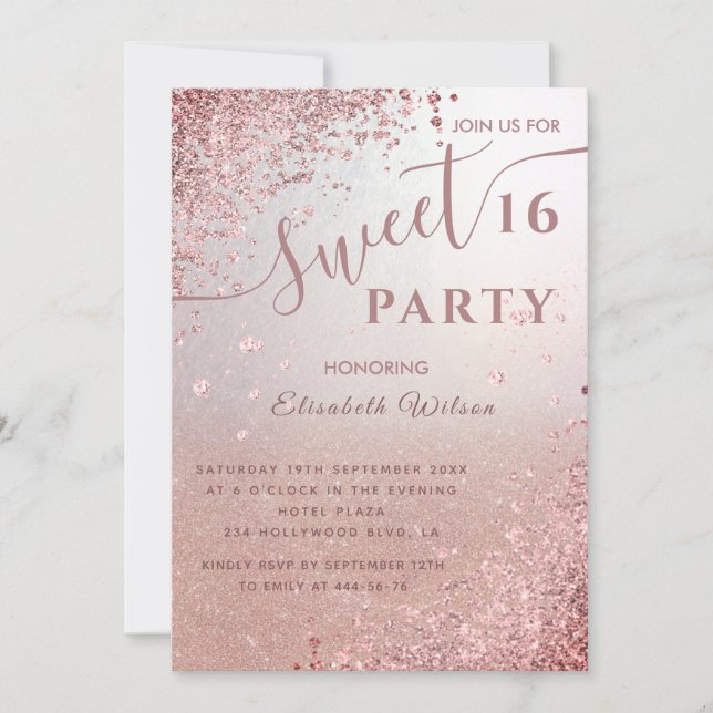 Invitation Cool moderne diamant luxe rose or doux 16 (Devant)