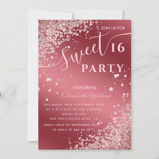 Invitation Cool moderne diamant luxe rose or doux 16 invi (Devant)