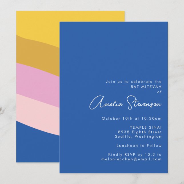 Invitation Cool moderne rétro Grandes  Bleu Jaune Bat mitzvah (Devant / Derrière)