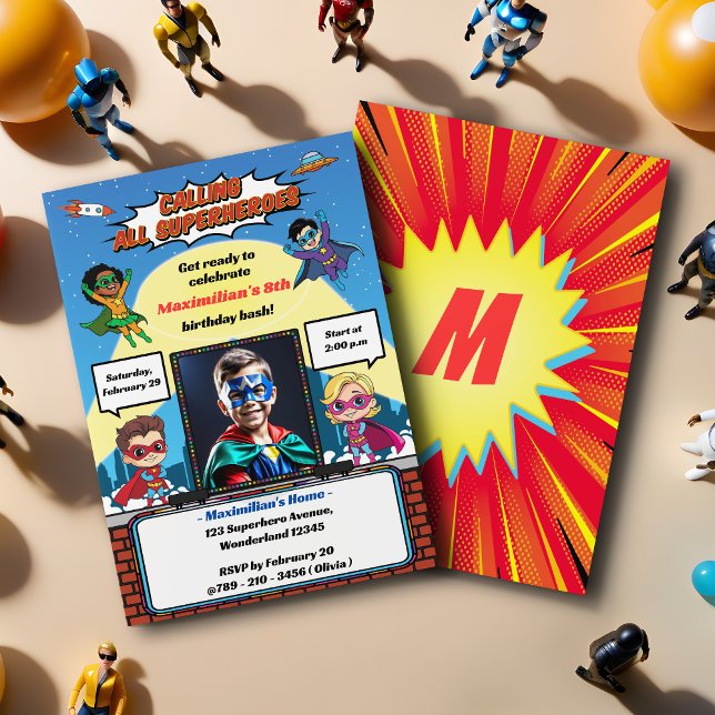 Invitation Cool Moderne Superhero Caricature Photo Anniversai (Créateur téléchargé)