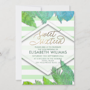 Invitation Cool moderne tropicale feuille rayures glittery