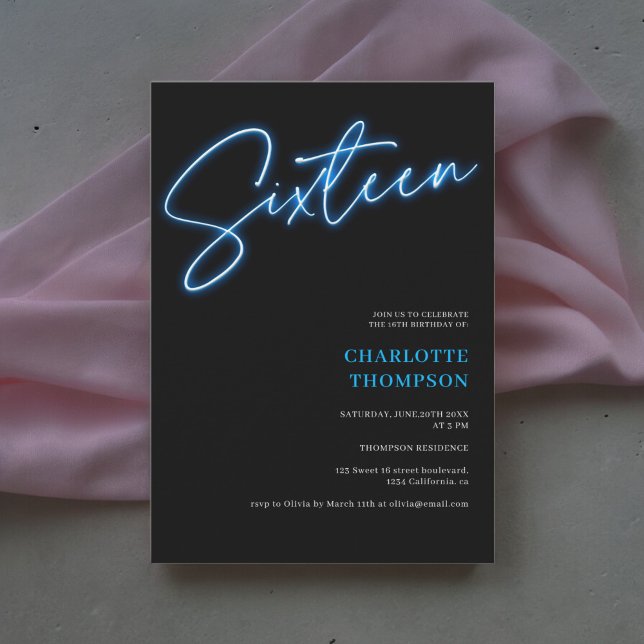 Invitation Cool neon bleu script rétro noir photo Sweet 16 (Cool neon blue script retro black photo Sweet 16 Invitation)