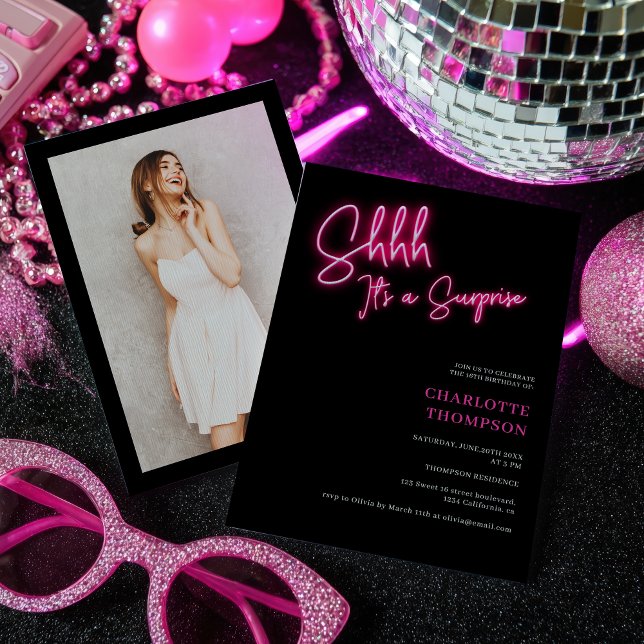 Invitation Cool neon rose rétro noir photo surprise Sweet 16 (Cool neon pink retro black photo surprise Sweet 16 Invitation)