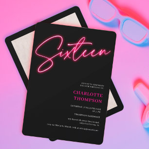 Invitation Cool neon rose script rétro noir photo Sweet 16