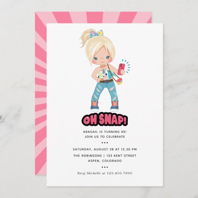 Invitation Cool Oh Snap ! Selfie Fille fête d'anniversaire (Devant / Derrière)