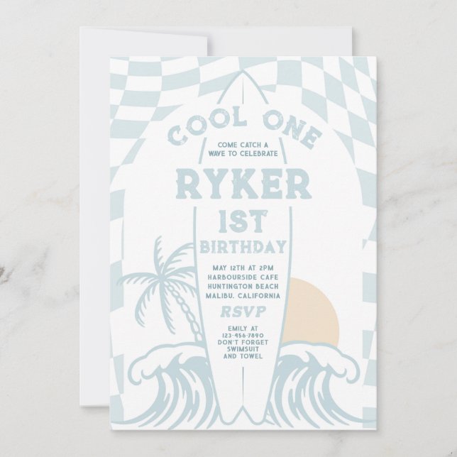 Invitation Cool One Surf Surf board 1er anniversaire (Devant)