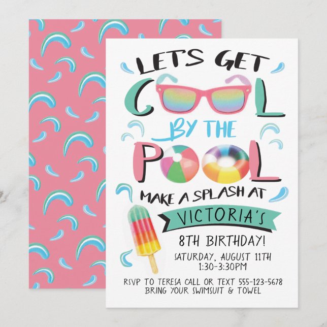 Invitation Cool par la piscine Anniversaire de fête Invitatio (Devant / Derrière)
