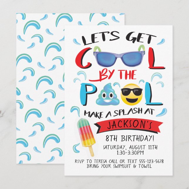 Invitation Cool par la Pool Emoji Boy Birthday Party (Devant / Derrière)