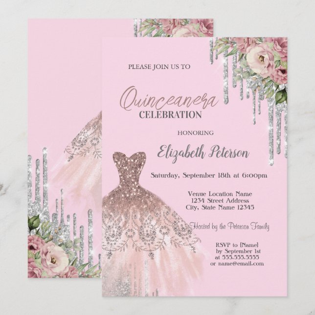 Invitation Cool Parties scintillant gouttes, Robe Floral rose (Devant / Derrière)