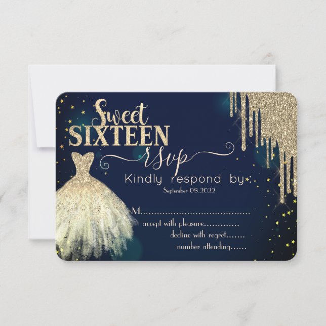 Invitation Cool Parties scintillant or, robe Marine bleu doux (Devant)
