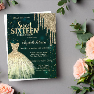 Invitation Cool Parties scintillant or, Robe Vert Sweet 16