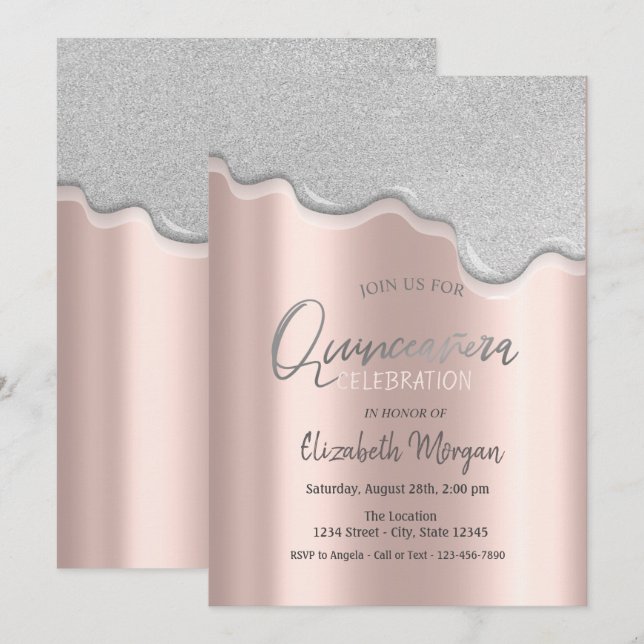 Invitation Cool Parties scintillant Rose  Gold Quinceañera (Devant / Derrière)