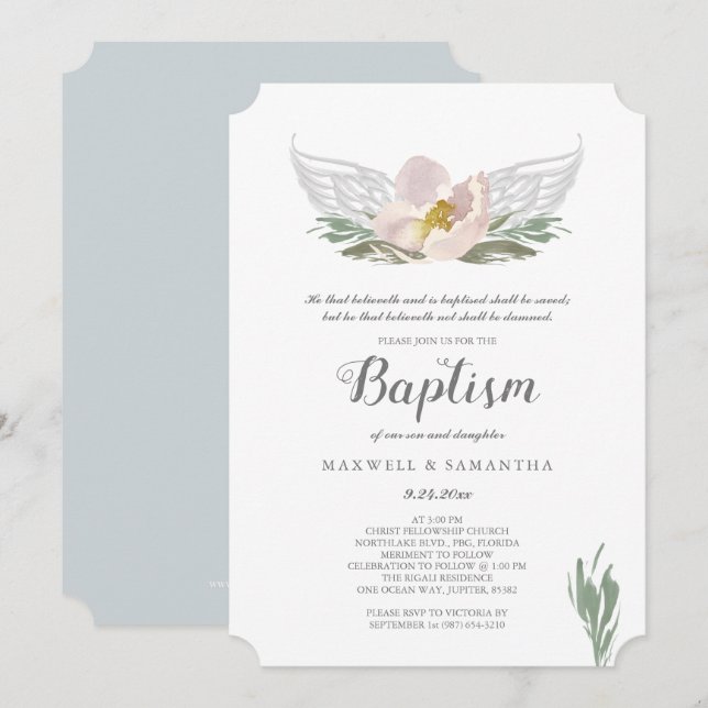 Invitation Cool Pêche Aquarelle Florales Ange Ailes Baptême (Devant / Derrière)