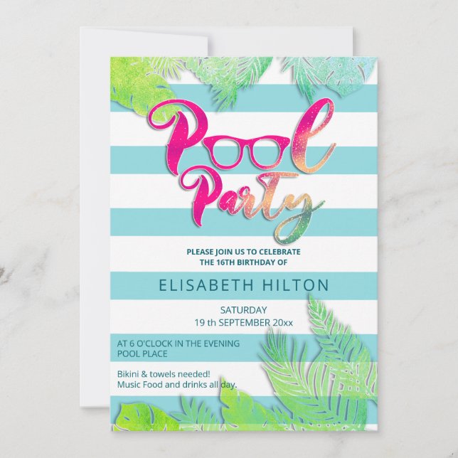 Invitation Cool plaisir été script pool fête d'anniversaire (Devant)