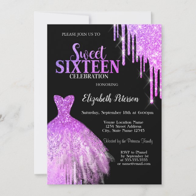 Invitation Cool Purple Parties scintillant , Robe Black Sweet (Devant)
