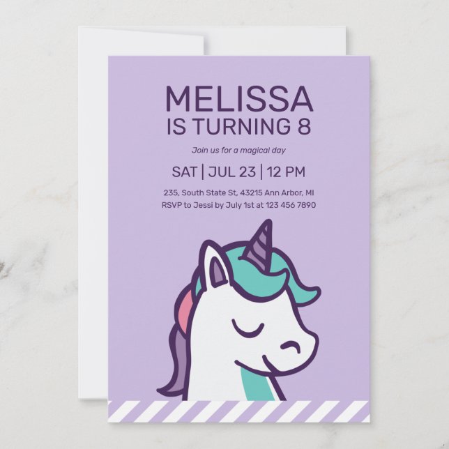 Invitation Cool Purple Unicorn fille Anniversaire (Devant)