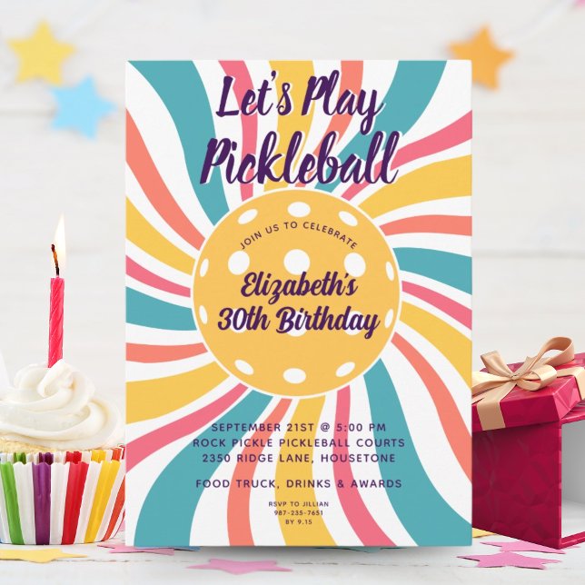 Invitation Cool Retro Sunburst Stripes Pickleball Party (Créateur téléchargé)