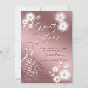Invitation Cool Rose or robe perle sweet sixteen fleuri 