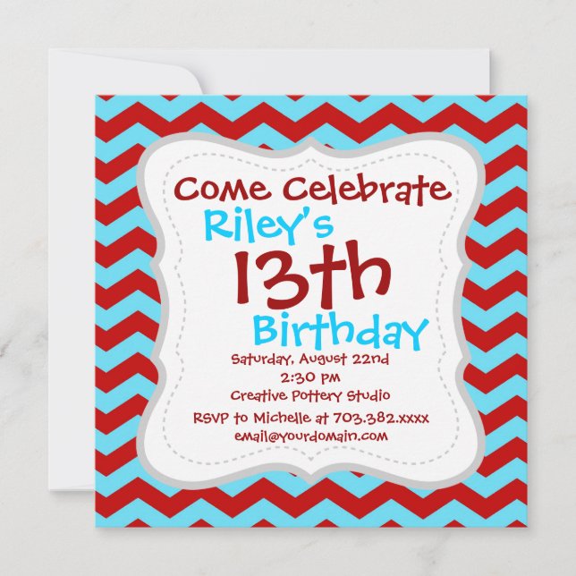 Invitation Cool tendance Turquoise Turquoise Rouge Chevron Zi (Devant)