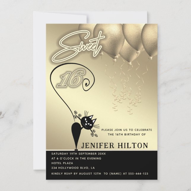 Invitation Cool whimsy chat noir ballon or doux 16 (Devant)