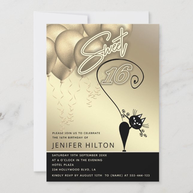 Invitation Cool whimsy chat noir ballon or doux 16 (Devant)