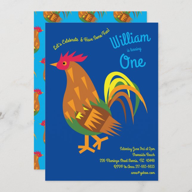 Invitation Coq de poulet mignon Enfants 1er anniversaire (Devant / Derrière)