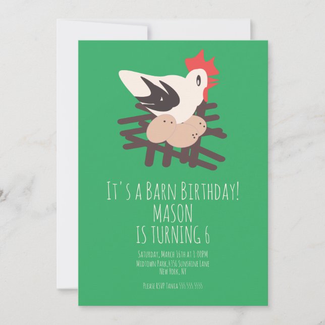 Invitation Coq Grange Animaux Ferme Anniversaire Art Vert (Devant)