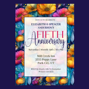 Invitation Coquelicot vibrant coloré 5e anniversaire de maria