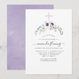 Invitation Coquelicot Violet Poussiéreux Floral Baptême