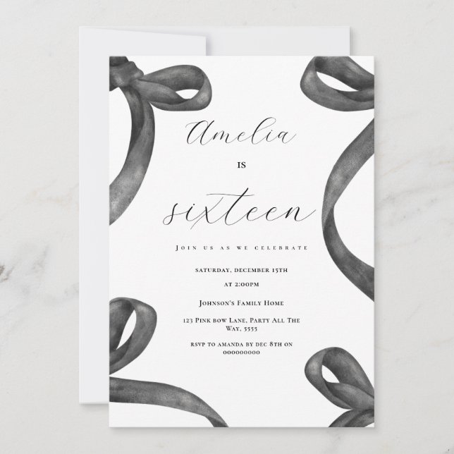 Invitation Coquette 16e anniversaire fille Noir Bow 18e 21e (Devant)