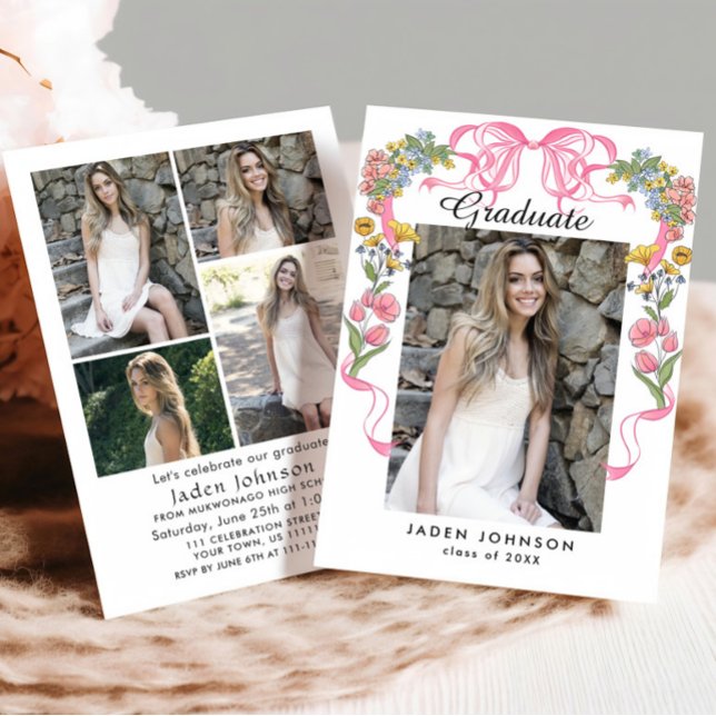 Invitation Coquette à la mode rose bow 5 PHOTO Graduation Par (Créateur téléchargé)
