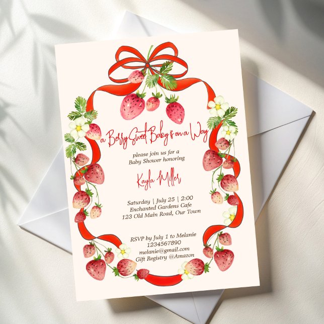 Invitation Coquette à ruban de fraise baby shower (Strawberry ribbon bow coquette berry sweet baby shower invitation template summer berries red bow)