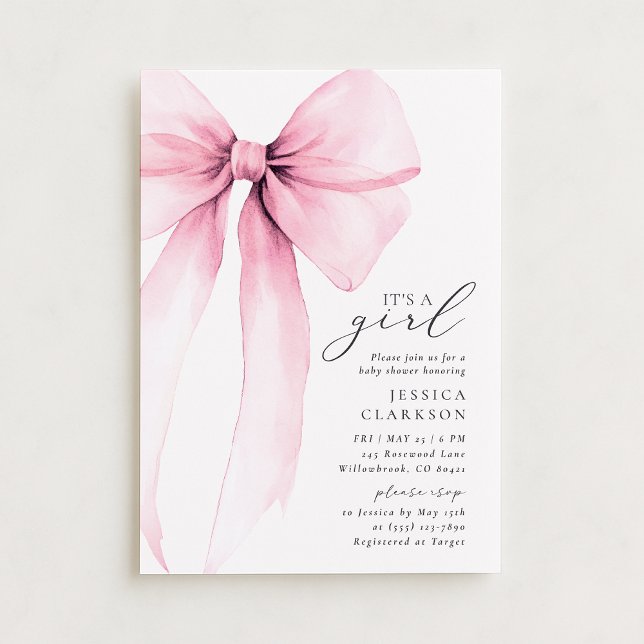 Invitation Coquette Aquarelle Grand Baby shower Bow Rose (Créateur téléchargé)